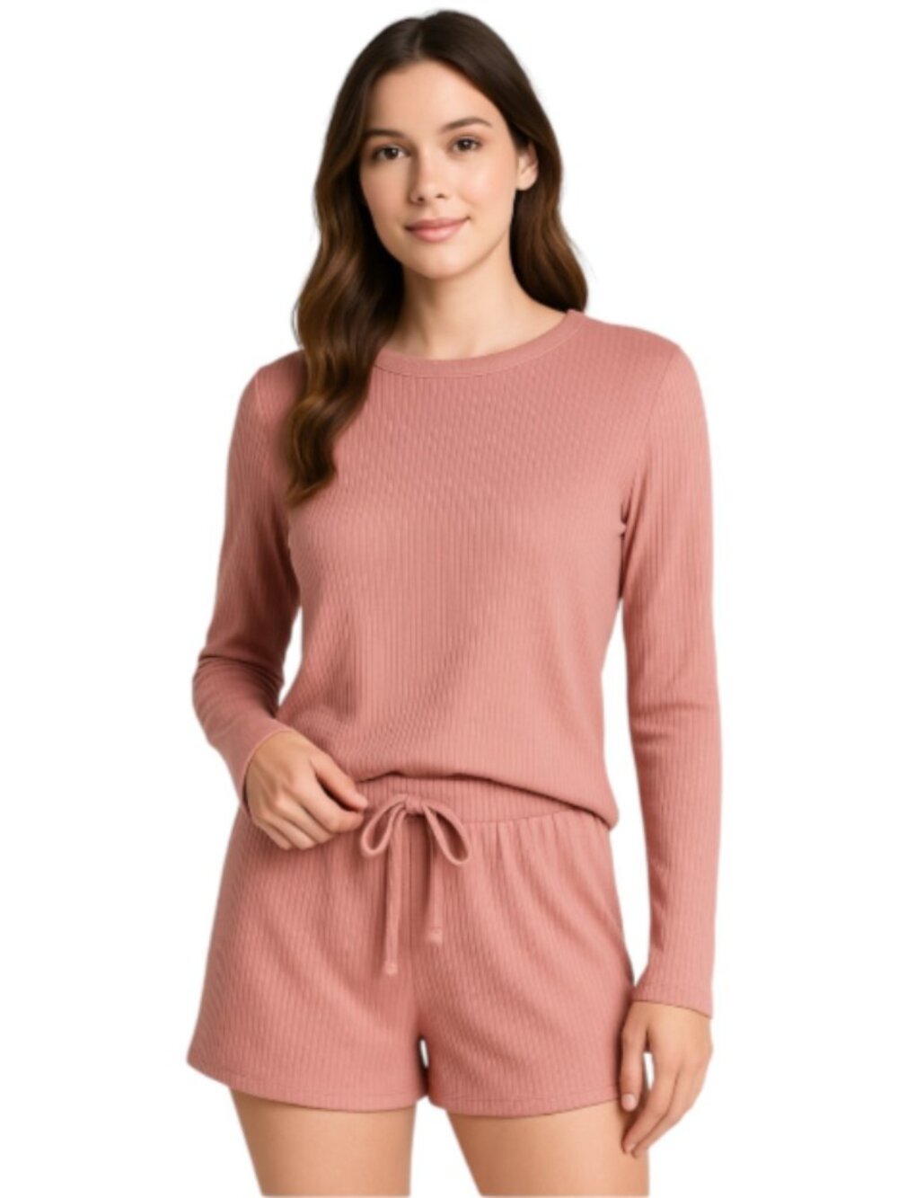 NEW Capella Small Ribbed Pink Loungewear Set Long Sleeve Top & Drawstring Shorts